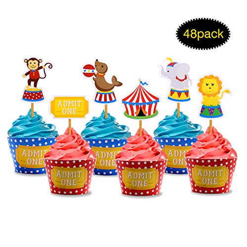 Circus Animals Cupcake Toppers and Wrappers for Kids Carnival Theme Birthday Party, Zoo Circus Animals Party Decorations, Baby Shower Party Supplies, 48 Packs