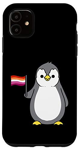 iPhone 11 Penguin With Orange Pink Lesbian Pride Flag Case