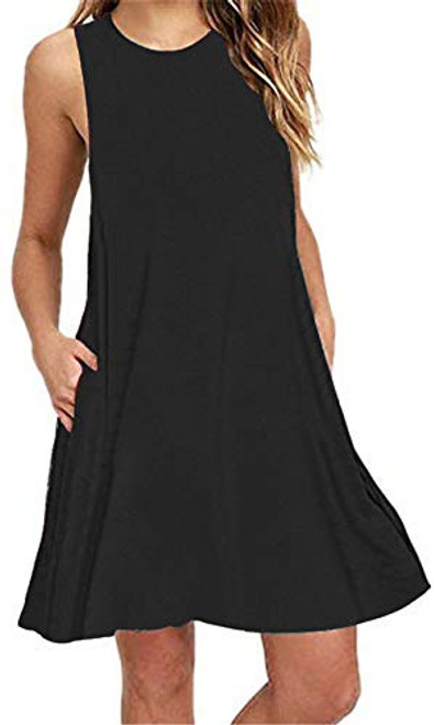 Summer Casual Tshirt Dresses for Women Solid Swing Tank Dress Beach Swimsuit Cover Ups with Pockets Medium Black