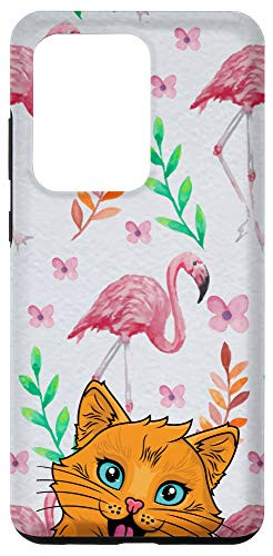 Galaxy S20 Ultra Happy Orange Cat Flamingo Floral Watercolor Flowers Pattern Case