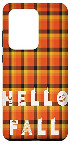Galaxy S20 Ultra Black  and  Orange Plaid Hello Fall Halloween Autumn Pumpkins Case