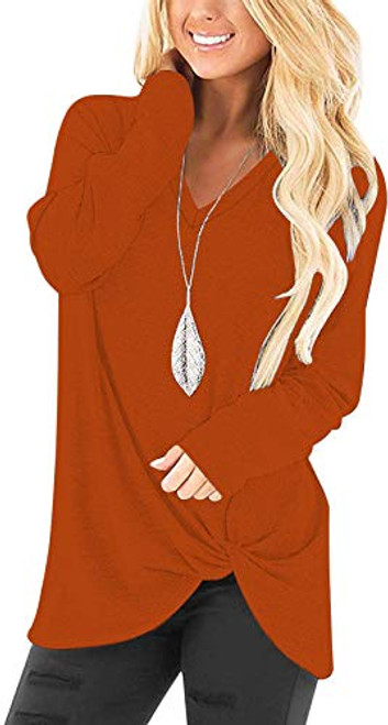 Women's Tunics to Wear with Leggings Long Sleeve Side Twist Knotted Casual V Neck tops Orange M Women's Tunics to Wear with Leggings Long Sleeve Side Twist Knotted Casual V Neck tops Orange M