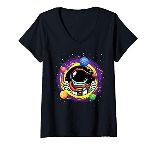 Womens Space Astronaut Looking Through Shuttle Window Planets V-Neck T-Shirt
