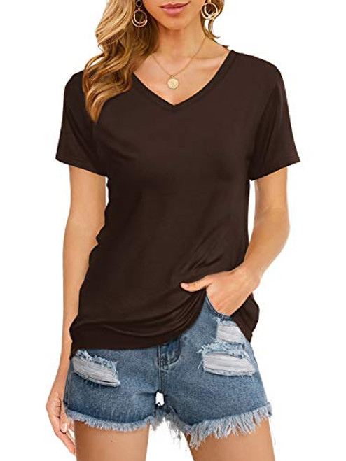 DittyandVibe Womens V Neck Short Sleeve T Shirts Loose Casual Basic Tee Summer Tops Brown L