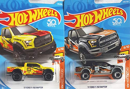 Hot Wheels 17 Ford F150 Raptor Yellow 175/365 and Black 348/365 2 Car Bundle Set