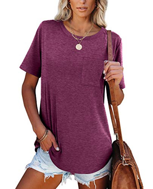 NSQTBA Tshirts for Womens Short Sleeve Shirts Loose Fitting Tops Basic Tees Solid Color Purple XXL