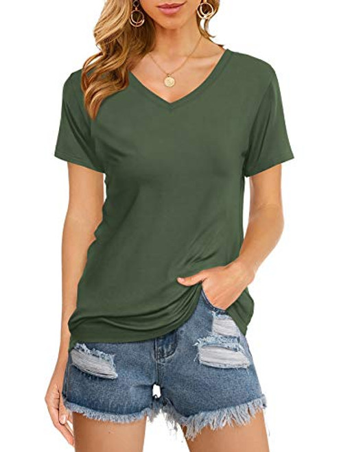 DittyandVibe Womens V Neck Short Sleeve T Shirts Loose Casual Basic Tee Summer Tops Olive Green XL