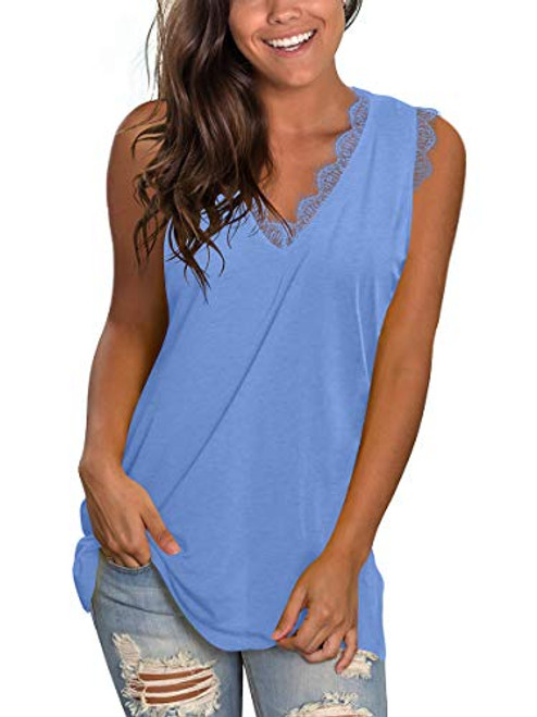 SAMPEEL Womens Tank Tops Casual Summer Sleeveless Vest Solid Dressy T Shirts Teal Blue M
