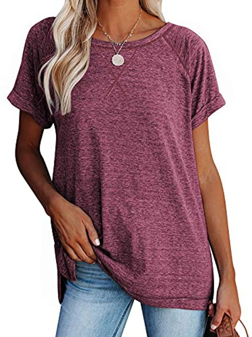 Womens Summer Short Sleeve Raglan Crewneck Tees T Shirts Casual Loose Fit Blouse Tops Wine