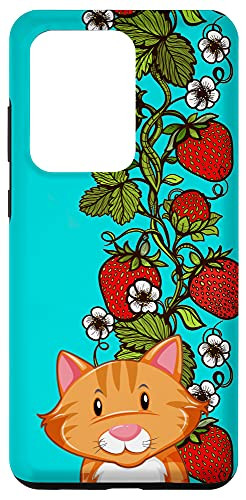 Galaxy S20 Ultra Cartoon Orange Cat Strawberry Floral Pattern Sky Blue Case
