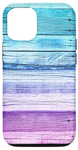 iPhone 12-12 Pro Turquoise Pink Woodgrain Shiplap Rustic Wooden Panels Case