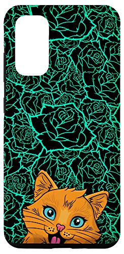 Galaxy S20 Happy Orange Cat Rose Flower Black  and  Teal Pattern Case