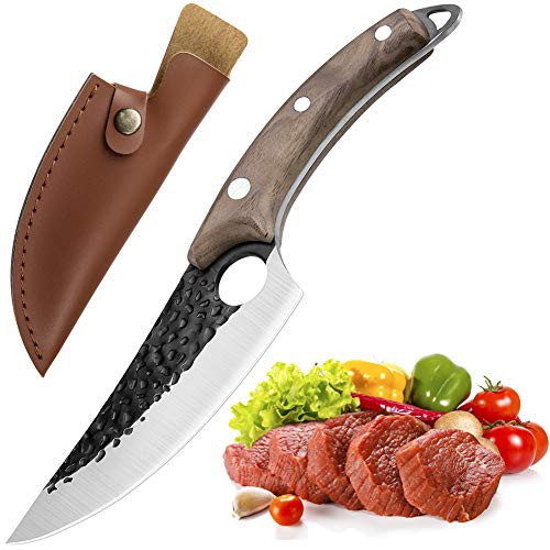 Hand Forged Kitchen Knife Meat Cleaver Knives Carbon Steel Chef Knife Full Tang Butcher Knife Boning Knife with Sheath Fillet Knife for Camping Outdoor BBQ