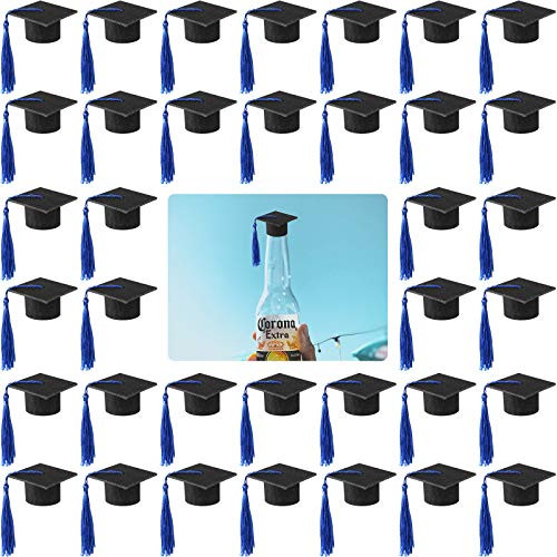 36 Pieces Mini Graduation Cap Bottle Toppers with Tassels for Wine Topper -Black Cap with Black Tassel-