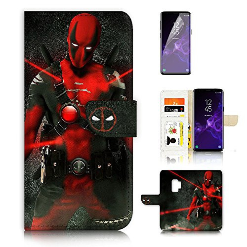 (For Samsung S9+ / Galaxy S9 Plus ) Flip Wallet Style Case Cover, Shock Protection Design with Screen Protector - B31004 Super Hero Deadpool