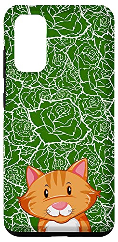 Galaxy S20 Cartoon Orange Cat Rose Flower Green  and  White Pattern Case