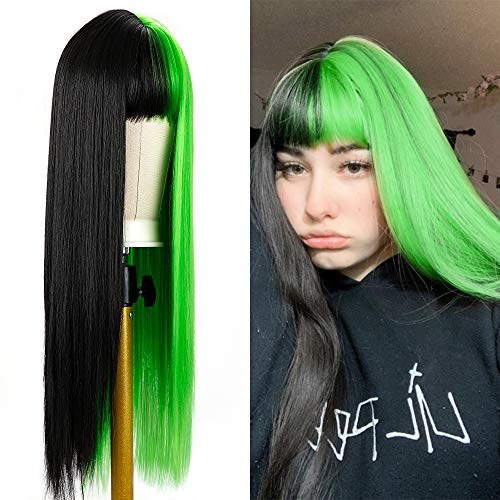Half Green and Black Wig Long Straight Hair Wigs with Bangs Cosplay Natural Wig for Girls Cosplay Party Show-28inchBlack and Green- Half Green and Black Wig Long Straight Hair Wigs with Bangs Cosplay Natural Wig for Girls Cosplay Party Show-28inchBlack and Green-