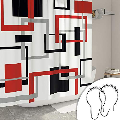 DESIHOM Red Geometric Shower Curtain with 12 Rust-Resistant Metal Glide Shower Hooks Black Red Shower Curtain Modern Shower Curtain Polyester Waterproof Shower Curtain 72x72 Inch