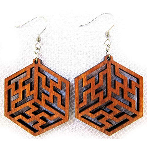 Dangle Wooden Hexagon Earrings Cube 0g Laser Cut Designer Geometric Jewelry