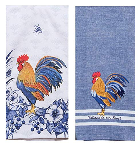 2 Piece Blue Rooster Kitchen Towel Bundle Dual Purpose and Embroidered Tea Towel