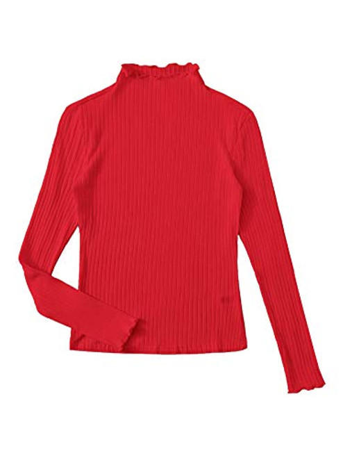 SweatyRocks Women's Casual Mock Neck Long Sleeve Ribbed Knit Slim Fit T Shirts Red L