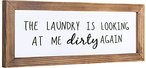 The Laundry is Looking At Me Dirty Again Sign - Farmhouse Bathroom Decor Wall Art Rustic Laundry Wall Decor Funny Home Decor Sign Solid Wood Frame 16x6 inch-Brown-