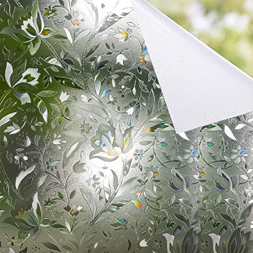 Shackcom Privacy Window Film 23.6'' X 78.7'' 3D Decorative Window Stickers Rainbow Frost Window Decals No Glue Static Cling Non-Adhesive Stained Glass Door Glass Cover White