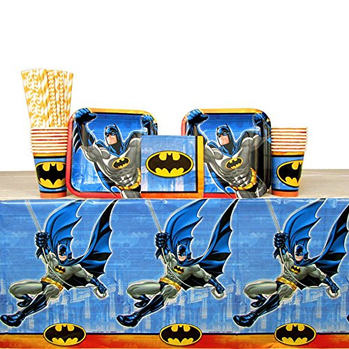 Cedar Crate Market Batman Party Supplies Pack for 16 Guests: Straws, Plates, Napkins, Cups, and Table Cover (Bundle for 16)