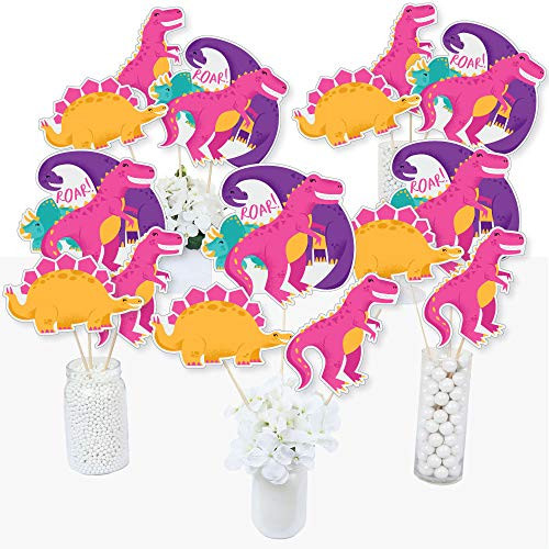 Roar Dinosaur Girl - Dino Mite T-Rex Baby Shower or Birthday Party Centerpiece Sticks - Table Toppers - Set of 15