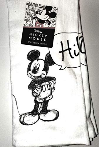 Disney Mickey Mouse 2 Pack Kitchen Towels -Measures Approx. 16" x 26"- 100 percent Cotton - Sketch Mickey"Hi  and  Bye"