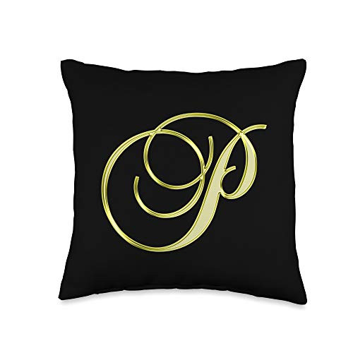 401Merch Monograms P Yellow Black Lemon Initial Cursive Monogram Letter Name Throw Pillow 16x16 Multicolor