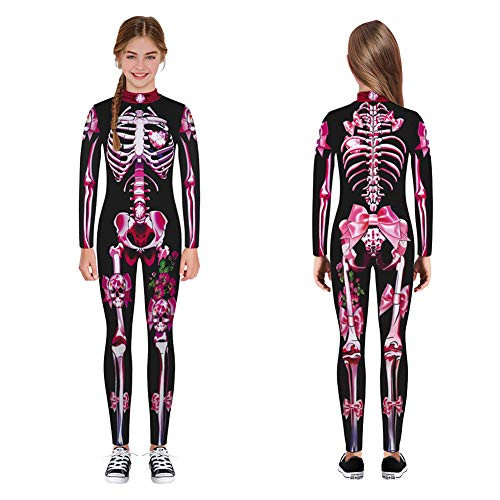 Stretchy Scary Skeleton Jumpsuit for Boys Girls Kids Halloween Novelty Silky Skull Cosplay Thin Bodysuit Rose Red