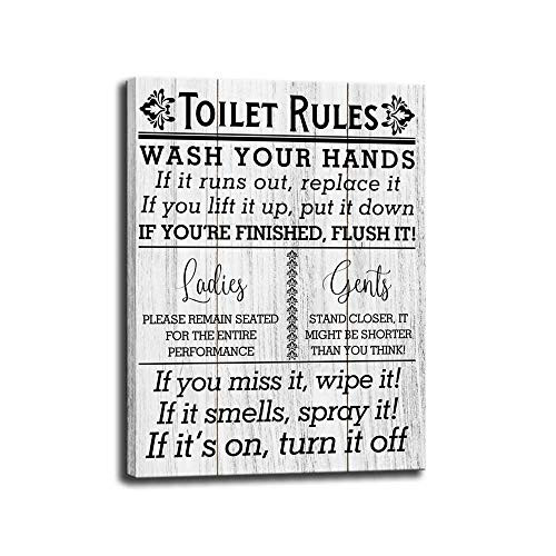 Funny Toilet Rule Canvas Wall Art Sign Retro Rustic Farmhouse Family Bathroom Rule Decorative Mural Wood Grain Background HD Print on Canvas Home Laundry Room Wall Decoration Quotation Plaque -12 X 15 inch Toilet Rules-1-