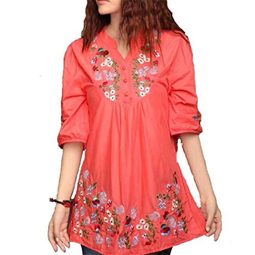 Kafeimali Women's Mexican Blouse Embroidered Peasant Dressy Tops 3-4 Sleeve Shirt -Orange-