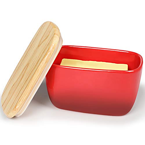 HAOTOP Porcelain Butter Dish Perfect for 4 Sticks of ButterButter Container Large Ceramics Butter Holder with Wooden Lid -Red-