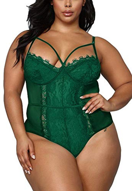 Plus Size Lingerie for Women Sexy Eyelash Lace Bodysuit Naughty See Through Mesh One Piece Teddy Outfits -XX-Large Green-