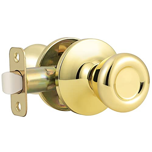 GOBEKOR 1 Pack Passage Door Knobs Interior Polished Brass Keyless Door Knobs Closet Hall Door Knob Tulip Passage Knob with Lock