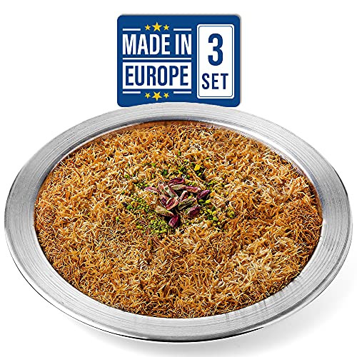 Kunefe Plate Medium Cooking and Serving Plates for Kunafa Kataifi Knafeh and Shredded Phyllo Dough Set of 3 Aluminum Silver -Medium-