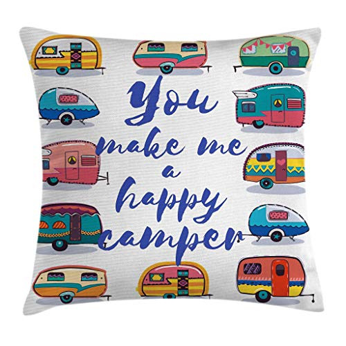 Ambesonne Camper Throw Pillow Cushion Cover You Make Me Happy Camper Motivational Words with Caravans Retro Style Travel Graphic Decorative Square Accent Pillow Case 24" X 24" Indigo Yellow
