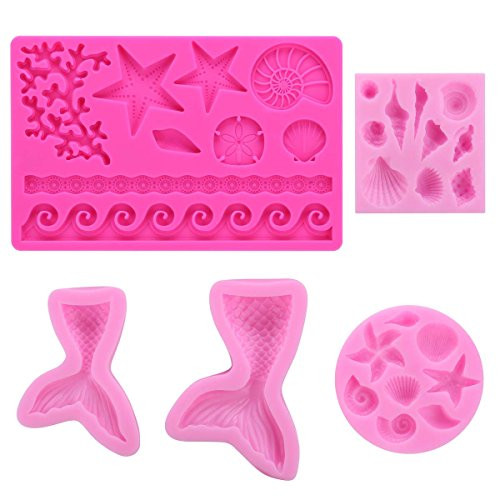 5 PCS Sea Mermaid Tail and Shells Molds Silicone for Fondant Chocolate Jelly Sugar Candy Cake Decoration as Cupcake Topper Baking Tool