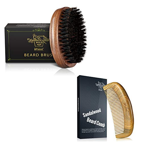 BFWood Beard Comb Brush Set for Men - Natural Boar Bristle Brush and Pocket Sandalwood Beard Comb - Great for Beards and Mustaches