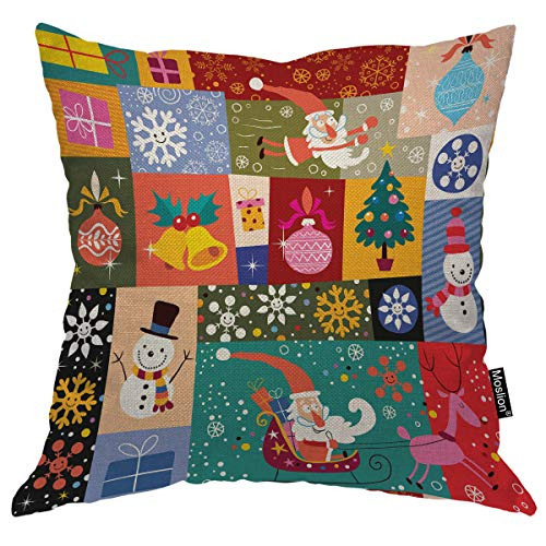 Moslion Striped Pillow Cover Reindeer Santa Claus Christmas Bell Mistletoe Tree Snowflake Throw Pillow Case 18x18 Inch Cotton Linen Canvas Square Cushion Decorative Sofa Bed