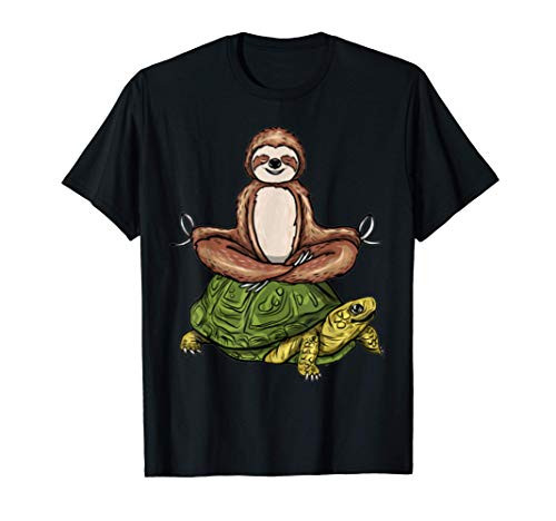 Funny Sloth Riding Turtle Meditation Slow Down Namaste Yoga T-Shirt