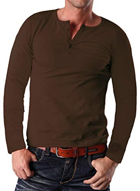 YTD Men's Casual Slim Fit Long Sleeve Henley T-Shirts Cotton Shirts L Coffee
