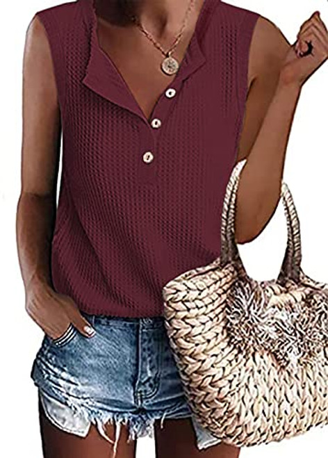 Neineiwu Sleeveless Tank Top for Women Casual Loose Shirts Buttons Up V Neck Blouse Tops -Wine Red Small-