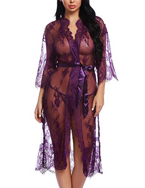 RSLOVE Women's Lace Robe Kimono Sexy Babydoll Lingerie Mesh Nightgown Purple M RSLOVE Women's Lace Robe Kimono Sexy Babydoll Lingerie Mesh Nightgown Purple M