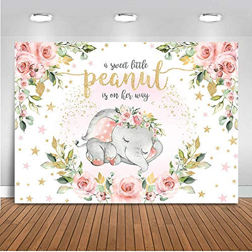 Mocsicka Baby Girl Elephant Baby Shower Backdrop Pink Floral Sweet Little Peanut is on Her Way Photo Backdrops Cute Elephant Party Cake Table Photography Background -7x5ft- Mocsicka Baby Girl Elephant Baby Shower Backdrop Pink Floral Sweet Little Peanut is on Her Way Photo Backdrops Cute Elephant Party Cake Table Photography Background -7x5ft-