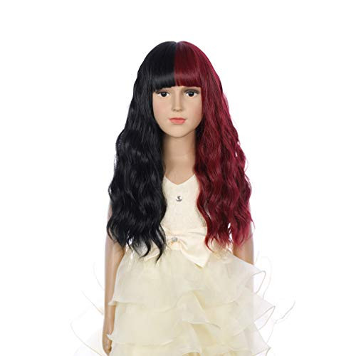 BERON Child Long Curly Wave Girls Cosplay Wig with Bangs Halloween Costumes Anime Party Wig -Black Red-