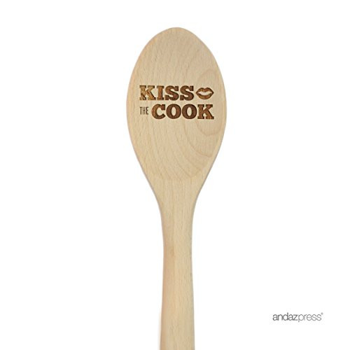 Andaz Press Laser Engraved Wooden Mixing Spoon 12-inch Kiss the Cook 1-Pack