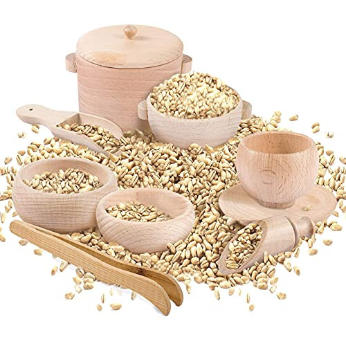 Set of 8 Toddlers Montessori Sensory Bin Tools- Wooden Waldorf Toys Dish Scoops and Tongs Set Educational Fine Motor Training Toys for Preschool Kids Children Toddlers Motor Transfer Work Learning